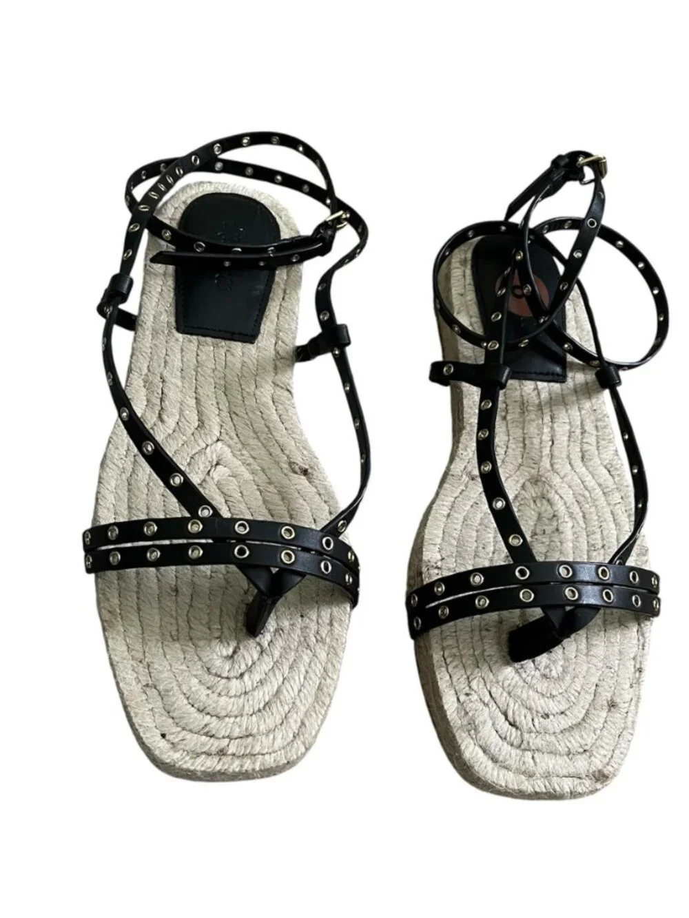 Madewell Mira Espadrille Thong Sandal Ankle Wrap Grommet Leather Black Size 8